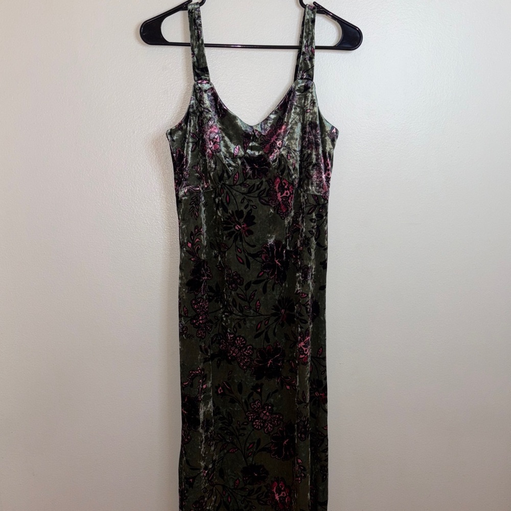 Jessica Simpson Olive Green Velvet Floral Slip Dress with Pink Accents